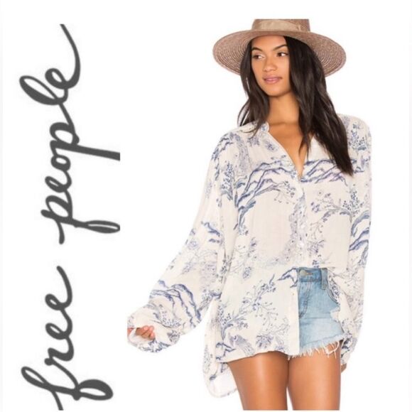 Free People Womens Size Small Oversized Cream Blue Floral Metallic Blooms Blouse - Picture 1 of 16
